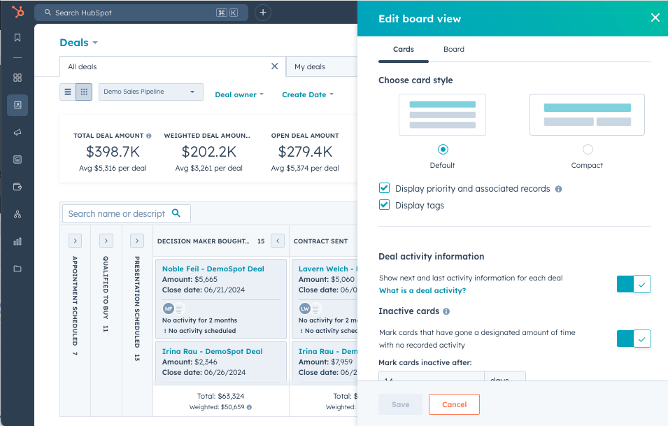 HubSpot Deals board for a demo sales pipeline showing a total deal amount of $398.7K, a weighted deal amount of $202.2K and an open deal amount of $279.4K, with deal cards listing amounts and close dates in each pipeline stage