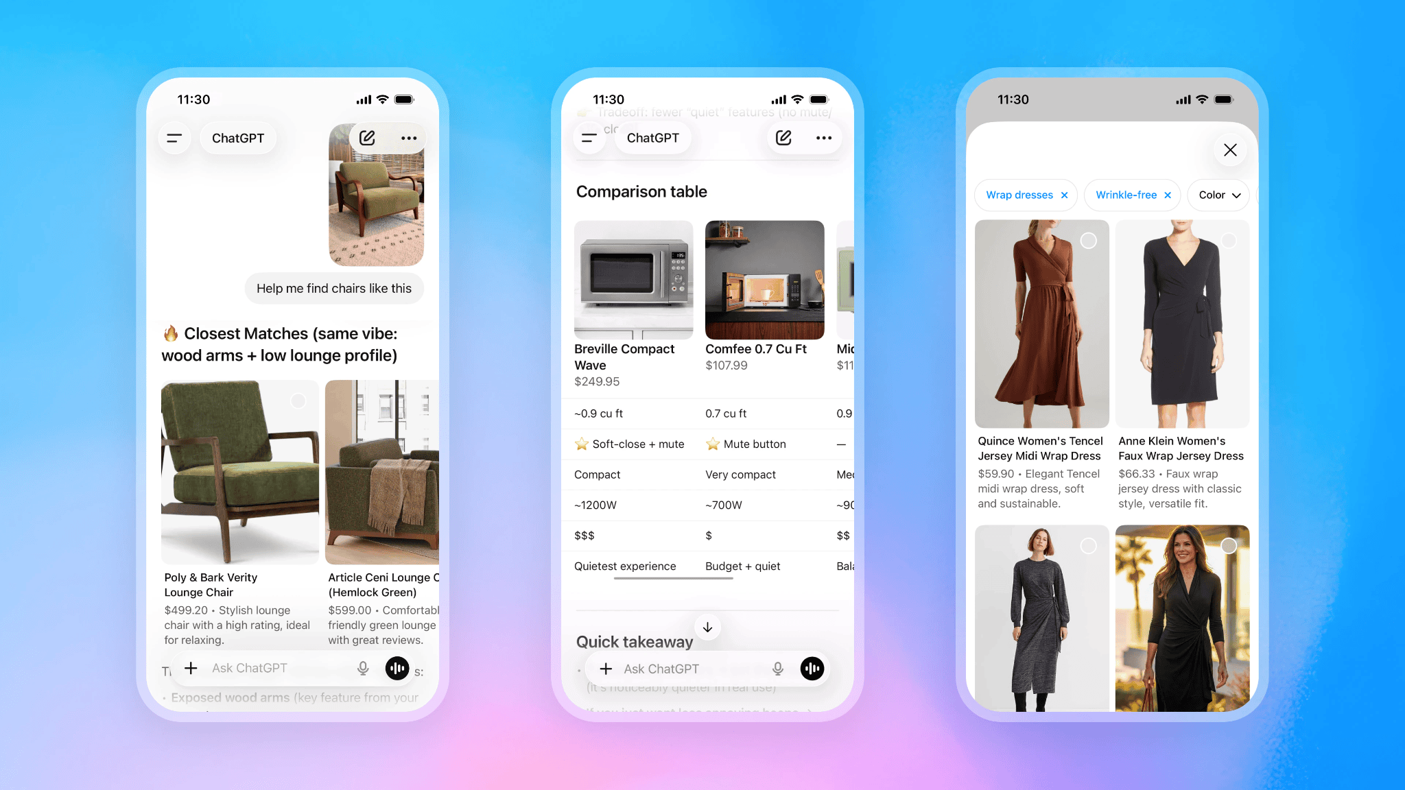 Three phone screenshots of shopping in ChatGPT: visually similar lounge chairs with prices found from a photo, a comparison table of compact microwaves with prices and features, and a filtered grid of wrap dresses with prices and short descriptions