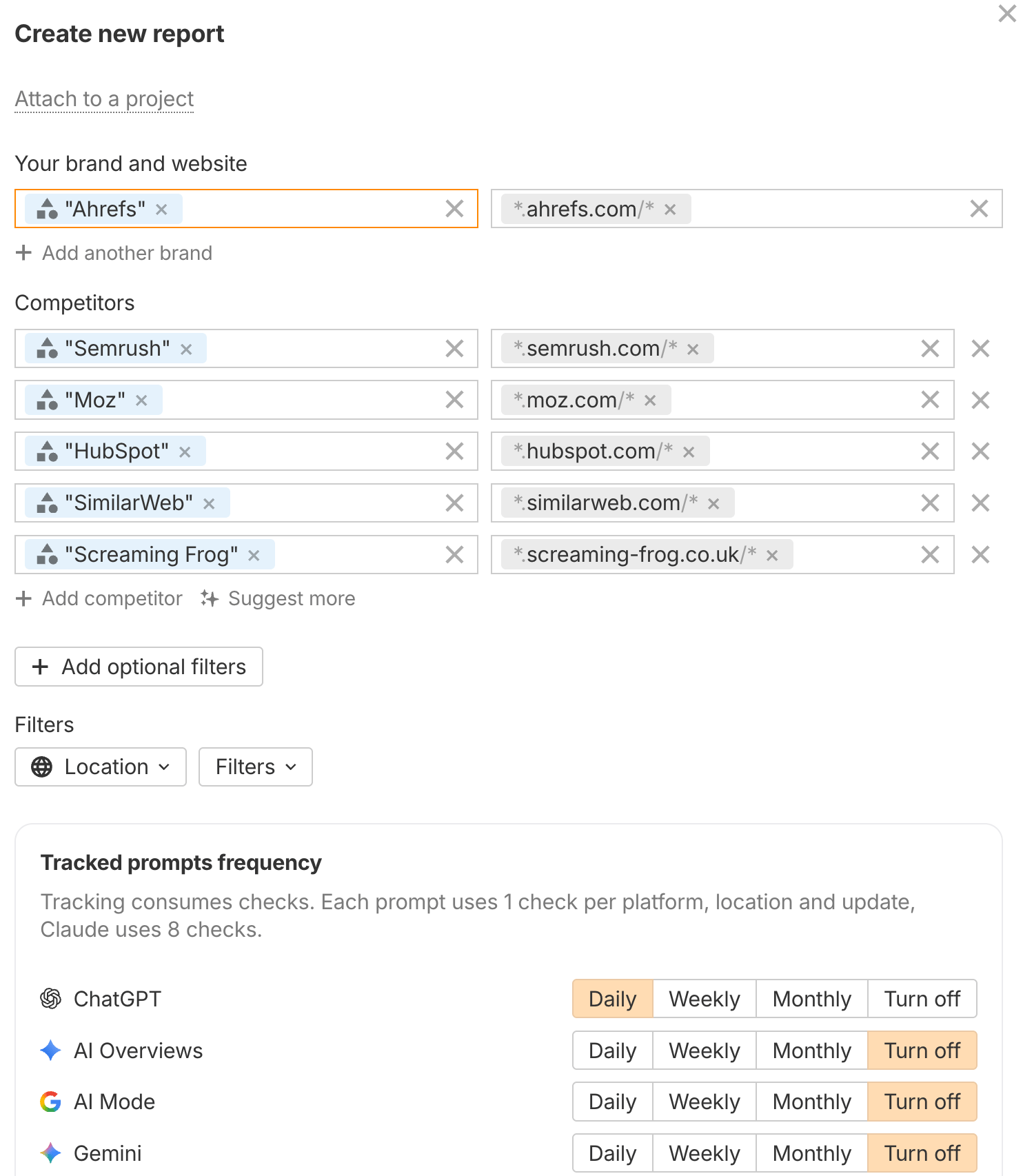 Brand Radar Create new report form with brand, competitors, filters and tracked prompts frequency settings for each AI assistant.