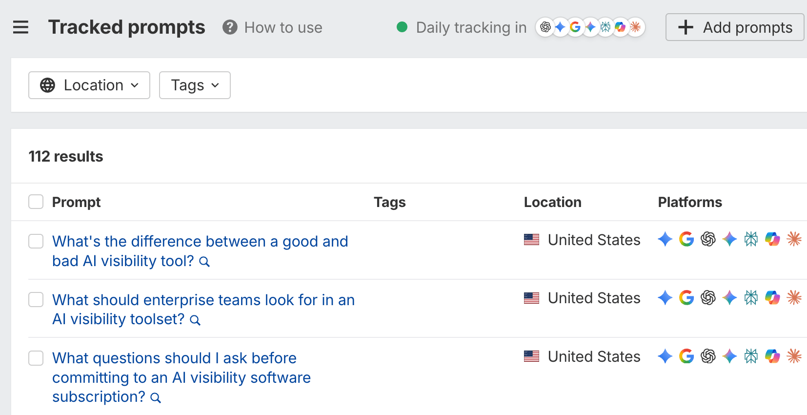 Brand Radar Tracked prompts report listing 112 prompts with their location and tracked AI platforms.