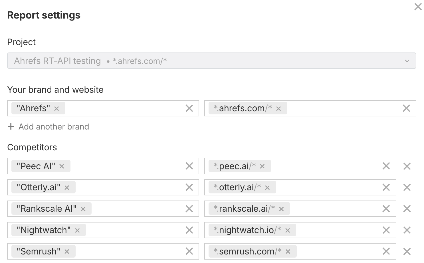 Brand Radar Report settings showing the mapped project, the Ahrefs brand and website, and competitors Peec AI, Otterly.ai, Rankscale AI, Nightwatch and Semrush.
