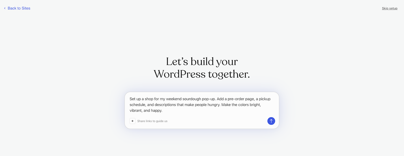 The AI website builder prompt box on wordpress.com
