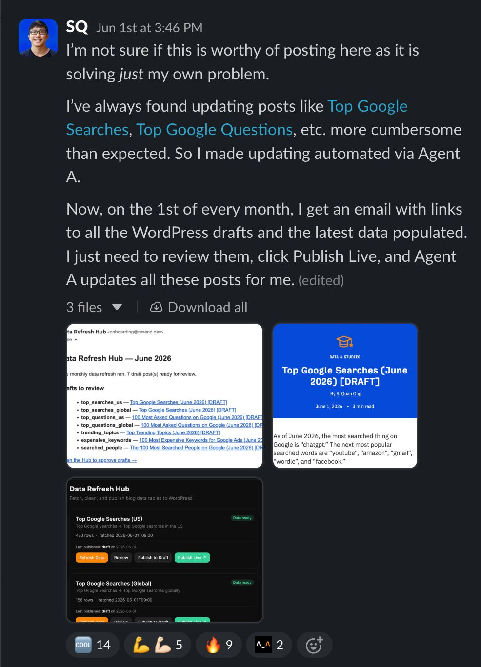 Slack message from SQ describing an automated monthly content update workflow, with attached screenshots of a Data Refresh Hub email listing seven draft posts and a dashboard showing Top Google Searches articles ready to publish.