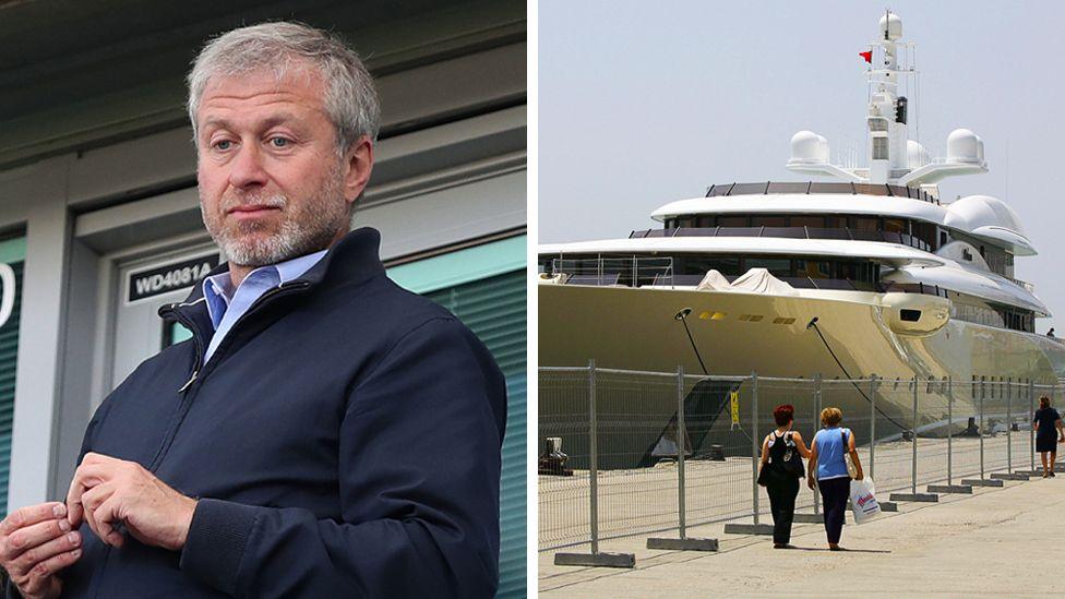 Composite image with Roman Abramovich on the left and a view of the superyacht "Pelorus" moored in Lisbon on the right