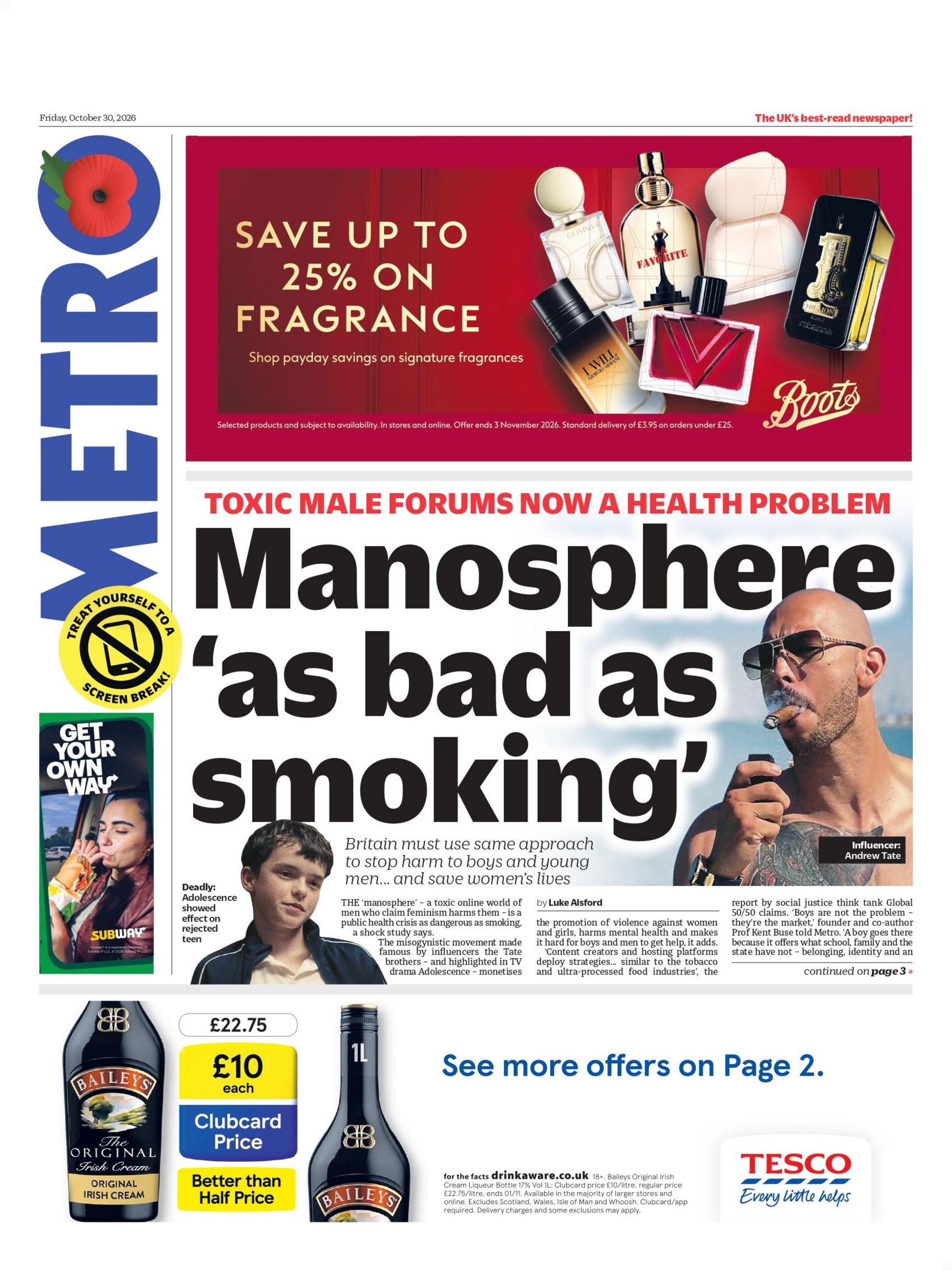 "Manosphere 'as bad as smoking': Toxic male forums now a health problem," reads the headline on the front page of the Metro.