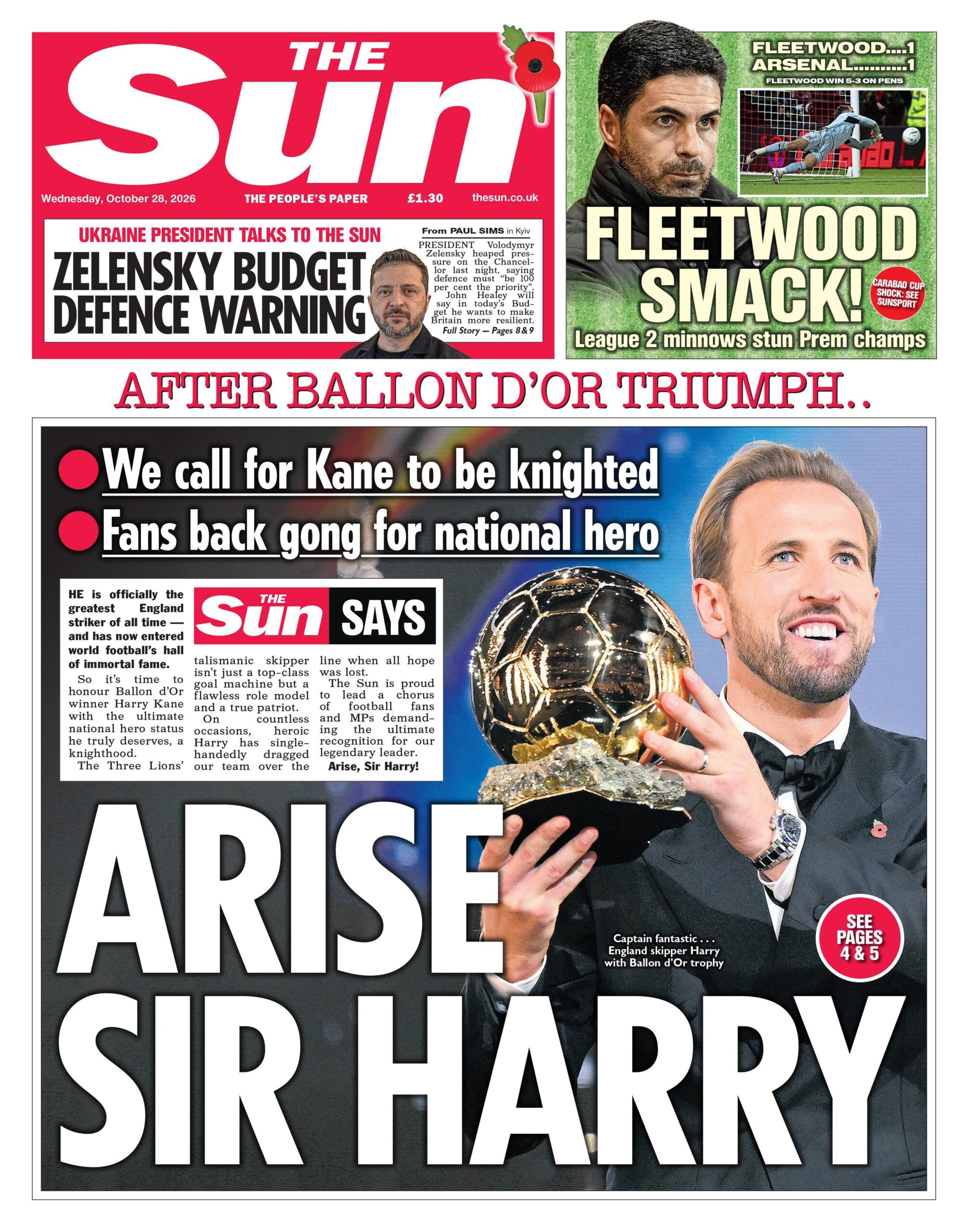 The headline on the front page of the Sun reads: “Arise Sir Harry”.