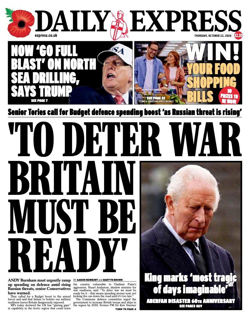 The headline on the front page of the Daily Express reads: 'To deter war Britain must be ready.'