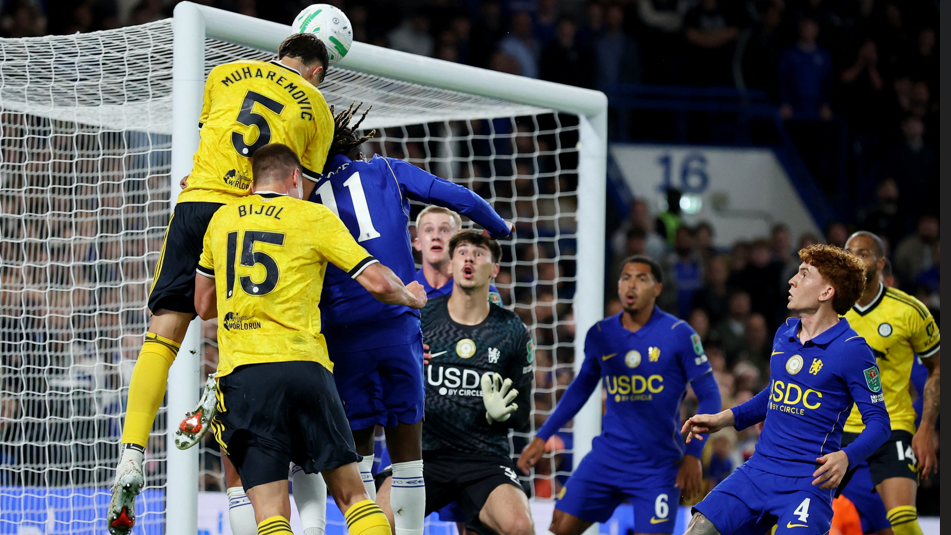 Tarik Muharemovic heads a goal for Leeds United in a Carabao Cup tie against Chelsea in September 2026