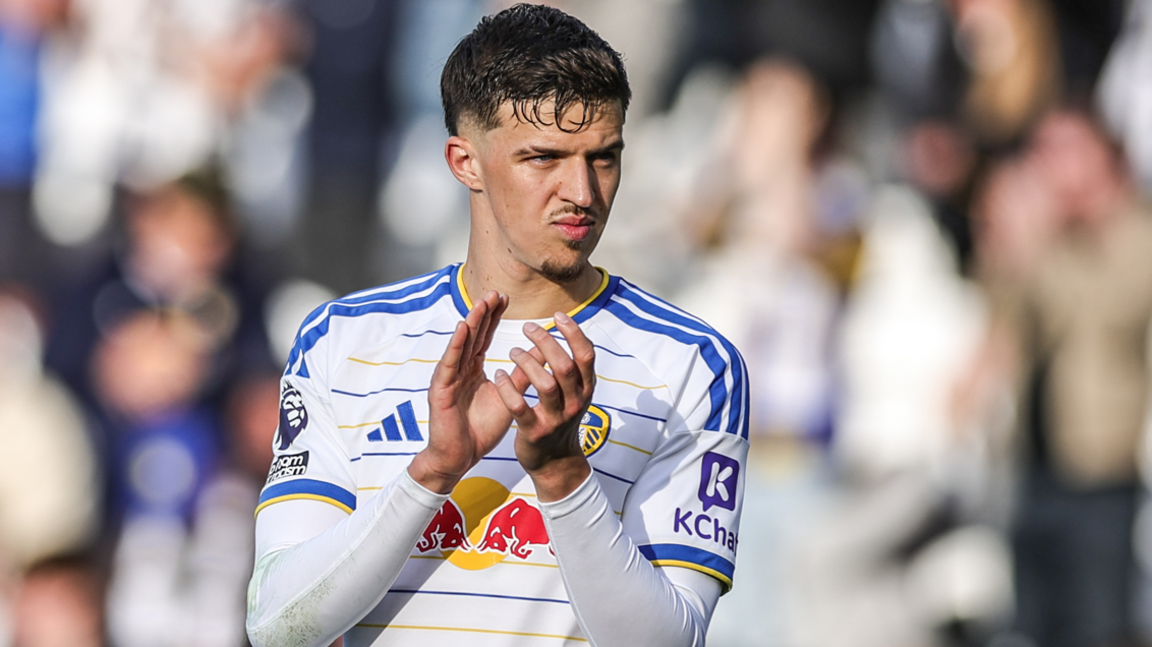 Leeds United's Tarik Muharemovic applauds fans after his side's Premier League game with Manchester United at Elland Road