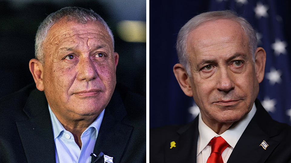 Two men wearing suits look ahead. It is Gadi Eisenkot and Benjamin Netanyahu in a composite image.