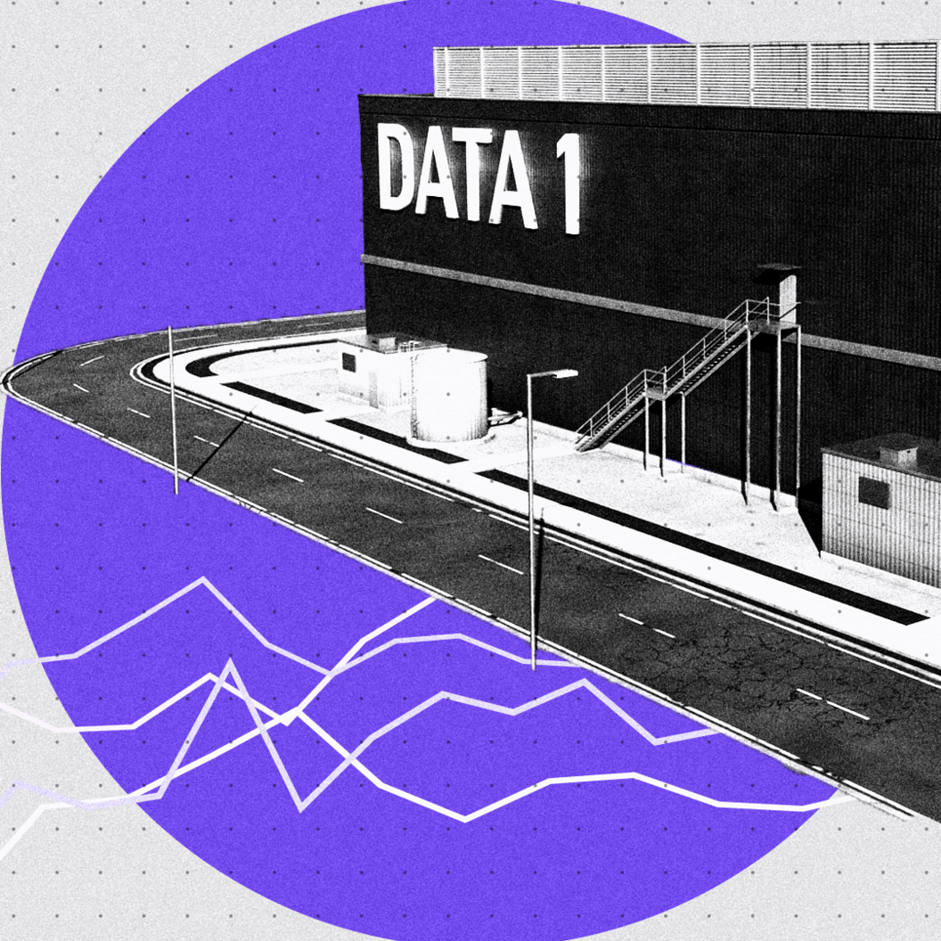 Treated image of a data centre. A black and white image of the building is set against a striking purple backdrop, intersected by jagged white lines.