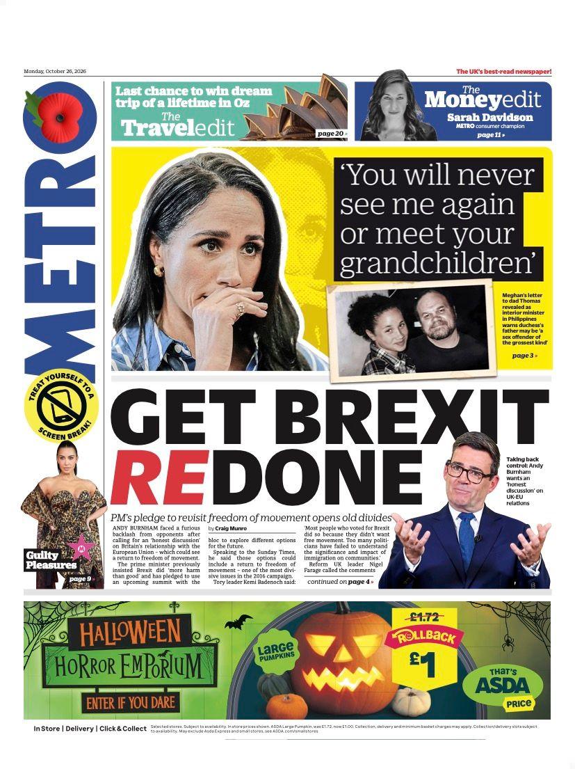 The headline on the front page of the Metro reads: "Get Brexit redone".