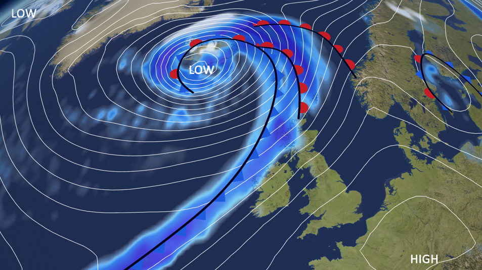 A pressure chart showing a deep area of low pressure passing just to the south of Iceland, with high pressure to the south-east of the UK, over continental Europe.