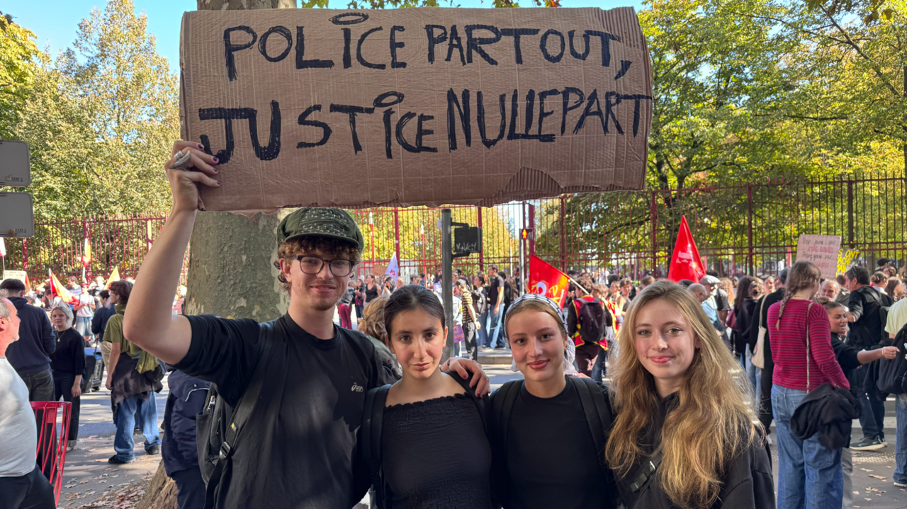 Massicella, second left, and her three friends during protests in Lille.