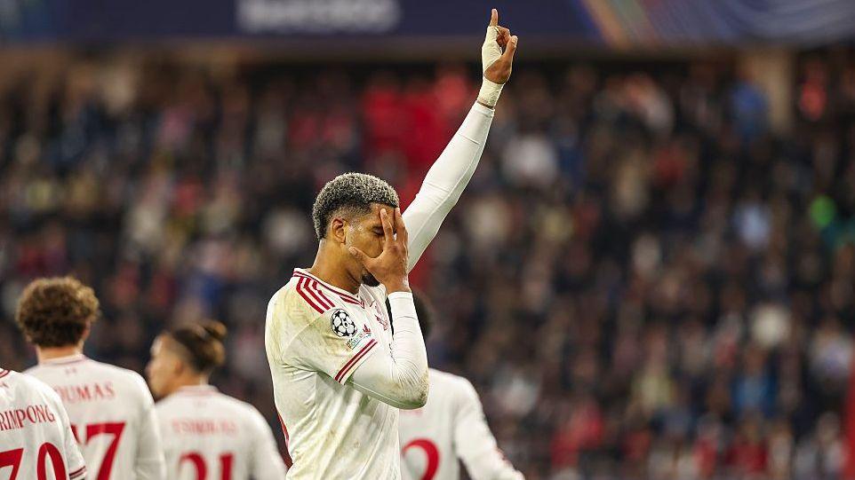 Ronald Araujo celebrating after scoring for Liverpool against LASK