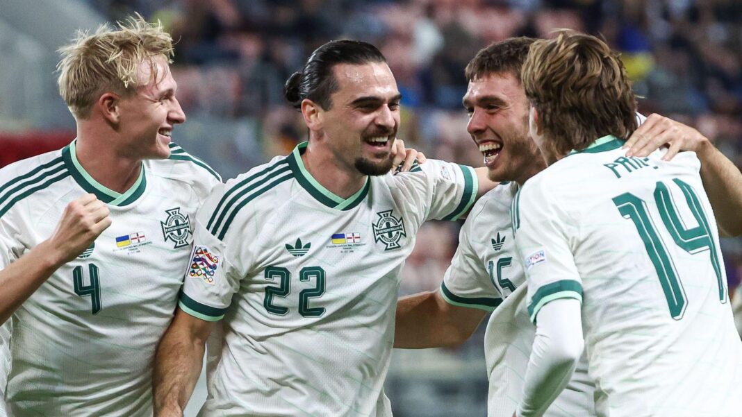 Northern Ireland celebrate Ciaron Brown's second goal