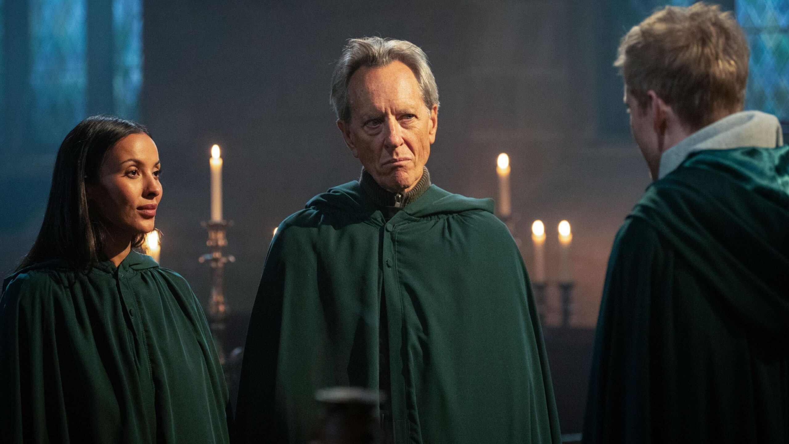Undated BBC handout photo of Maya Jama, Richard E Grant and James Acaster, on the second season of The Celebrity Traitors.