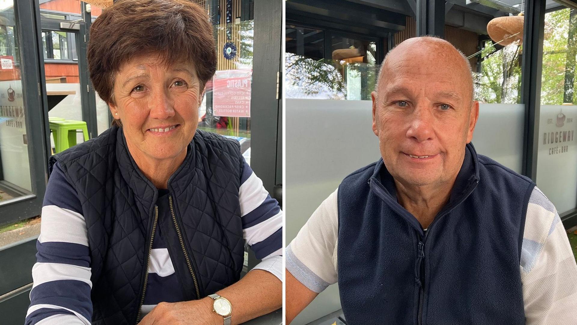 A composite image of a woman (on the left) and a man (on the right). They both look at the camera. The woman has short brown hair, a blue and white striped top and a blue gilet over the top. The man has a white t-shirt and a blue woolly gilet over the top. He is bald.