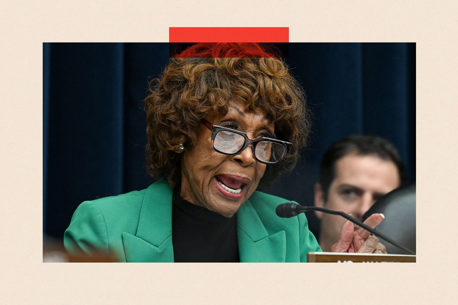 Maxine Waters wearing thick black glasses, a black top and a bright green jacket