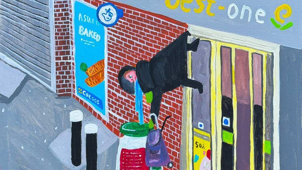 A drawing of a woman caught in a shop shutter