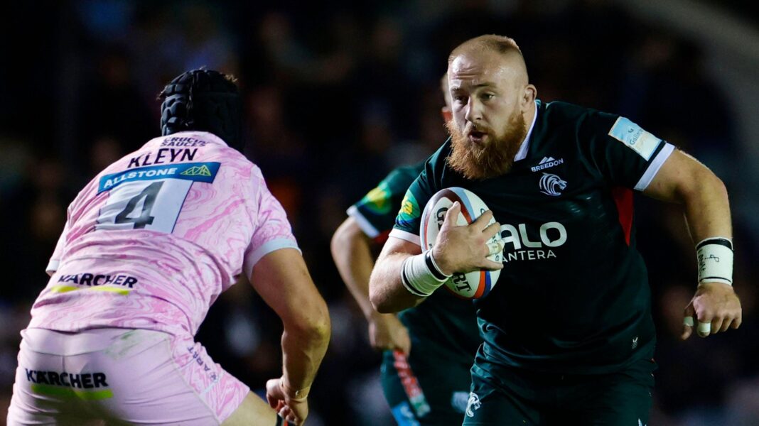Leicester's Joe Heyes runs with the ball against Gloucester