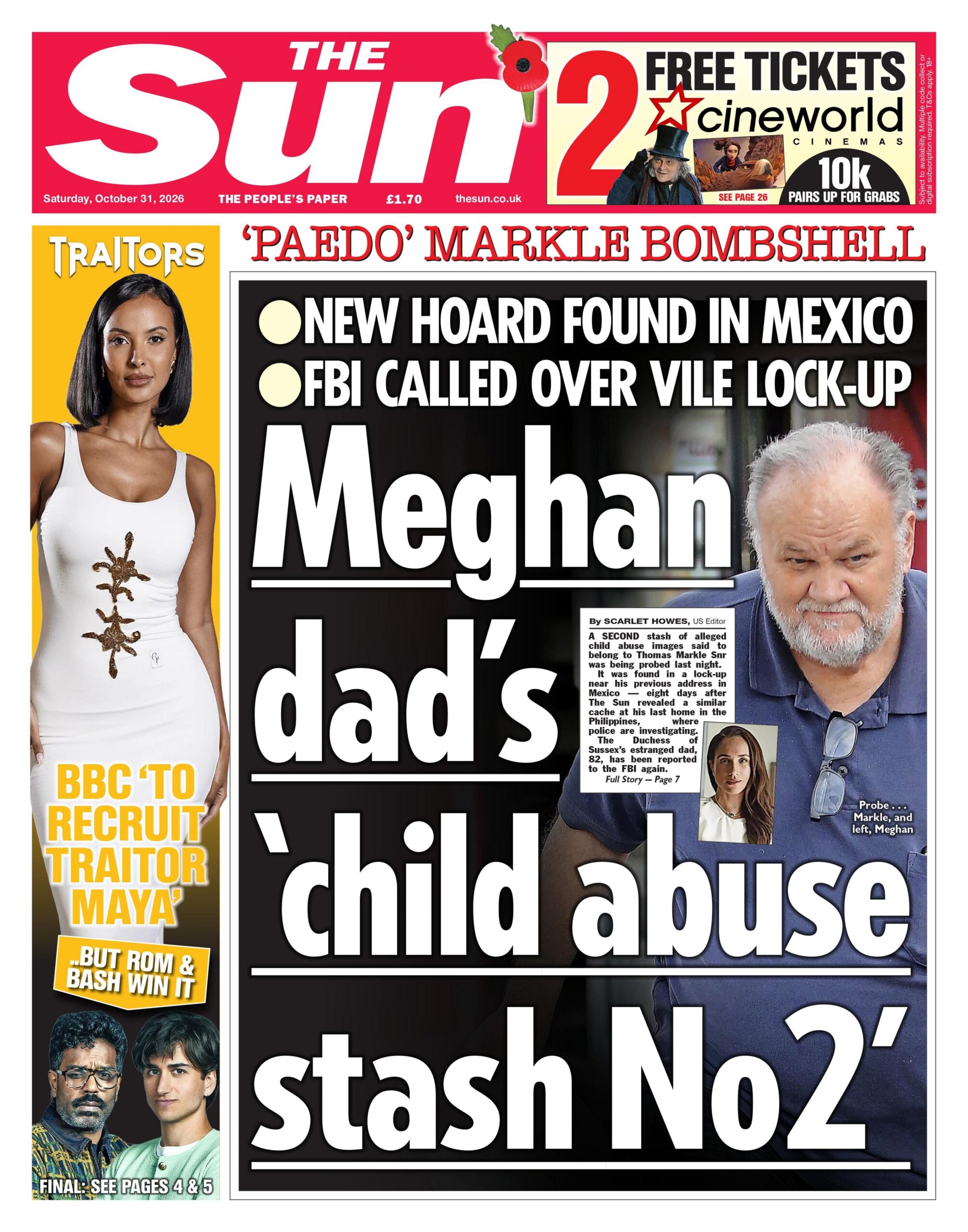 The headline on the front page of the Sun reads: "Meghan dad's 'child abuse stash No 2'".
