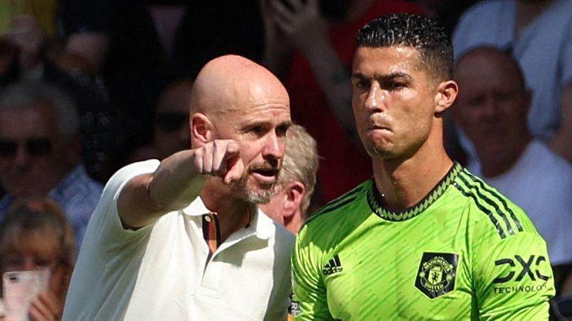 Erik ten Hag speaks to Cristiano Ronaldo during their time together at Manchester United