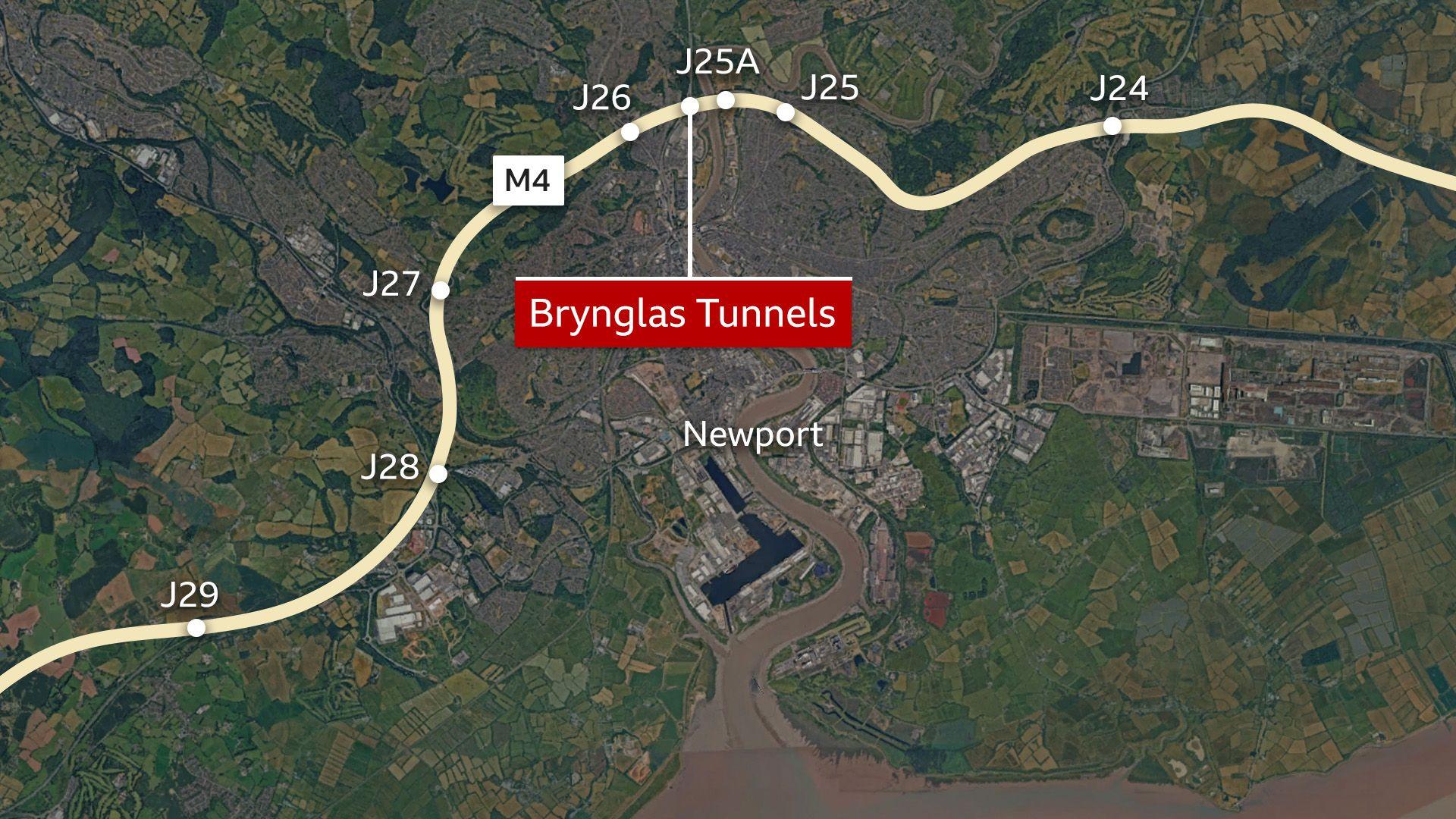 A satellite image of the city of Newport, with the Usk river visible in the middle, and with a superimposed map of the M4 in yellow, with the junctions and Brynglas Tunnels marked out.