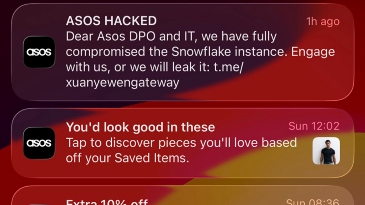 A pop up from the Asos app which reads: ASOS HACKED