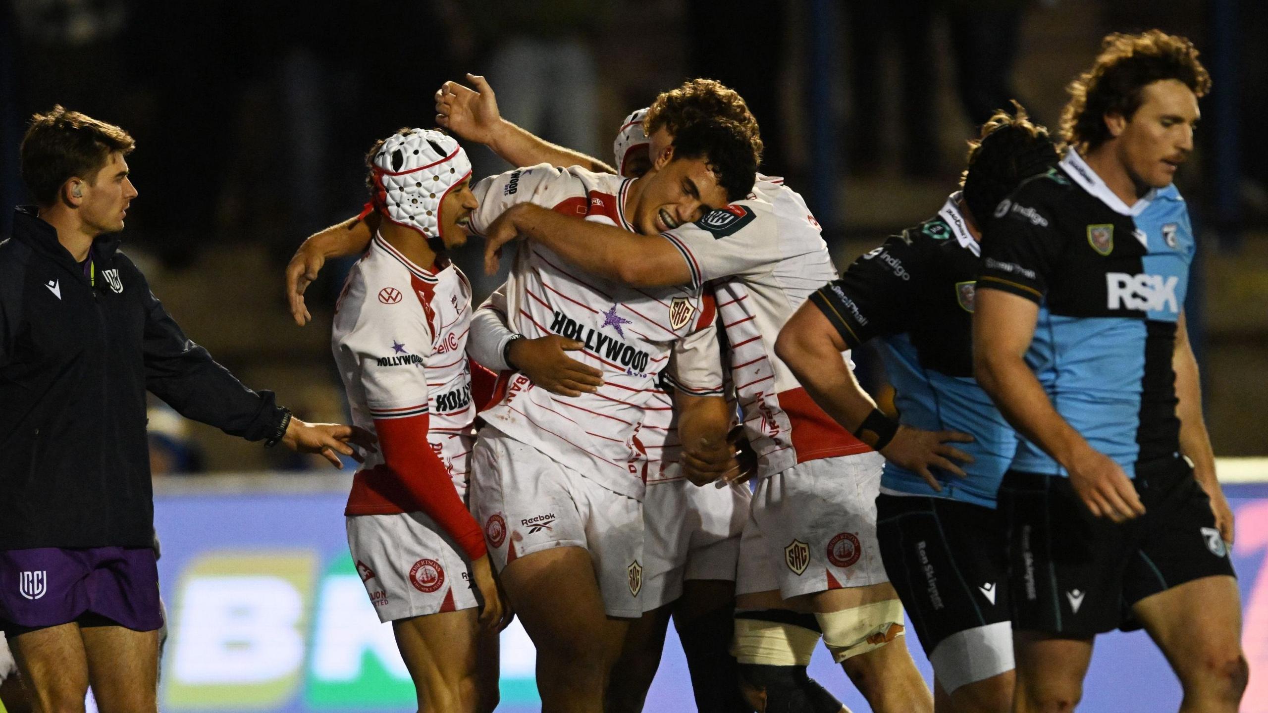 Sharks celebrate scoring against Cardiff