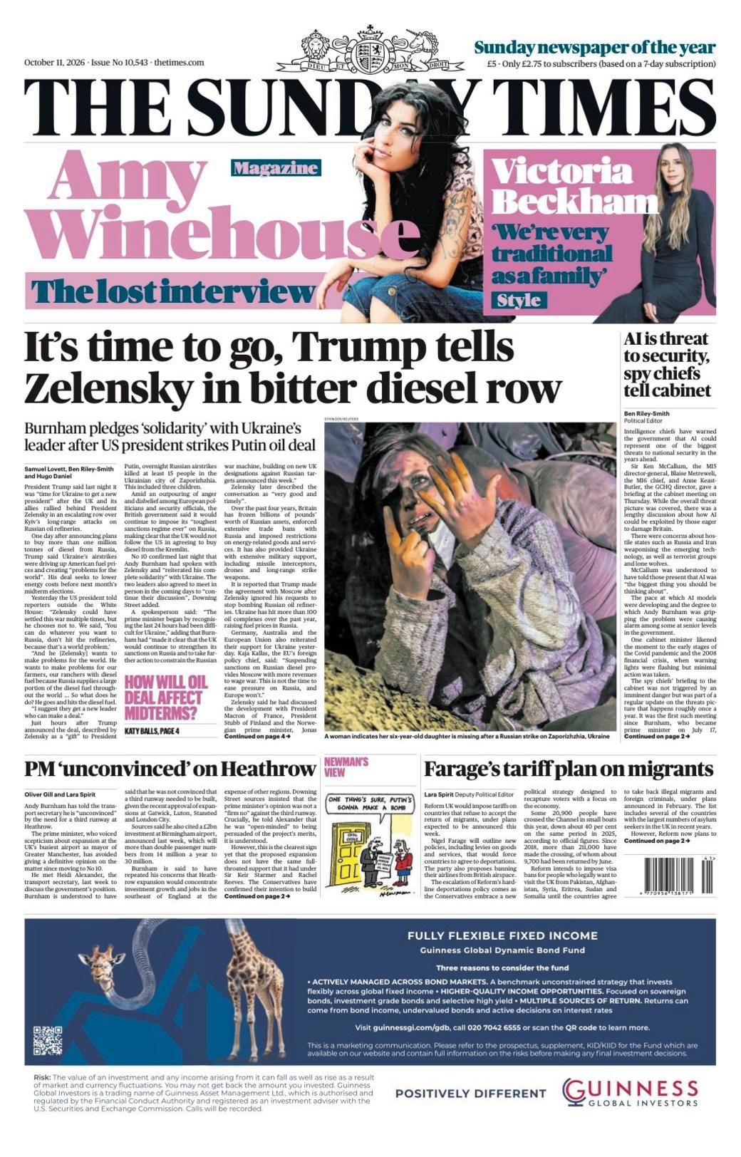 The headline on the front page of the Sunday Times reads: “It's time to go, Trump tells Zelensky in bitter diesel row”.