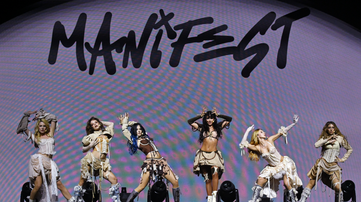 Turkish girl group Manifest, formed of Esin Bahat, Hilal Yelekçi, Lidya Pınar, Mina Solak, Sueda Uluca and Zeynep Sude Oktay perform their first UK concert at Wembley Arena on October 16, 2026 in London, England