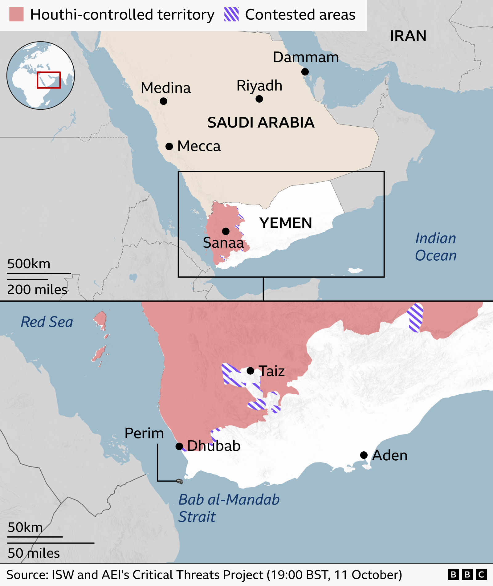 Map showing Houthi-controlled territory in Yemen, as well as Saudi Arabia (11 October 2026)