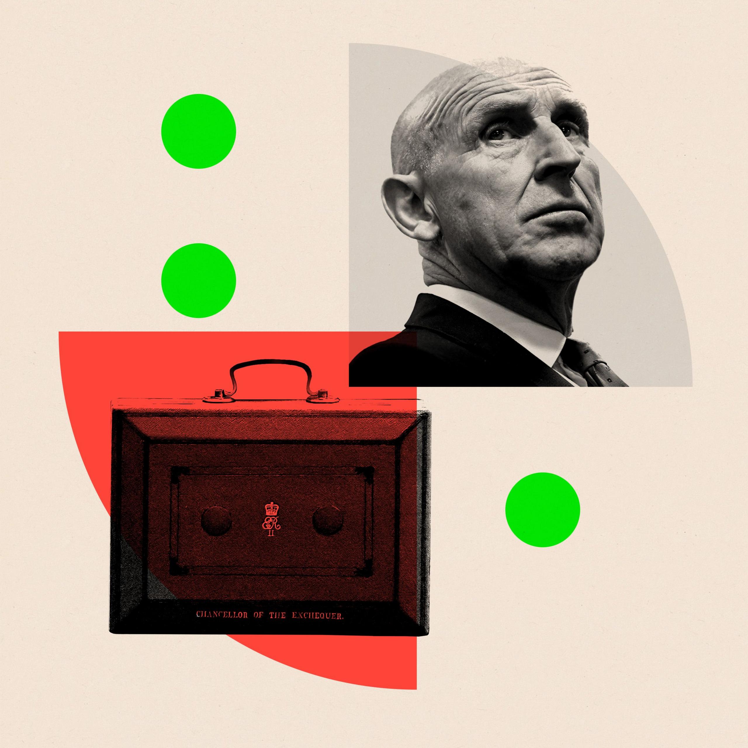 A collage image featuring a budget box in the botoom left and chancellor John Healey in the top right