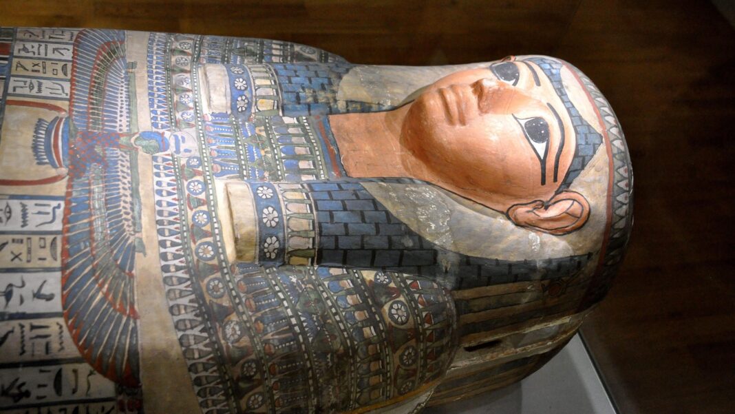Glasgow museums remove mummified remains from public view over ethical concerns Lady Shep-En-Hor's sarcophagus on display at The Hunterian Museum in Glasgow. The sarcophagus is multicoloured and has a number of Egyptian hieroglyphics on it.