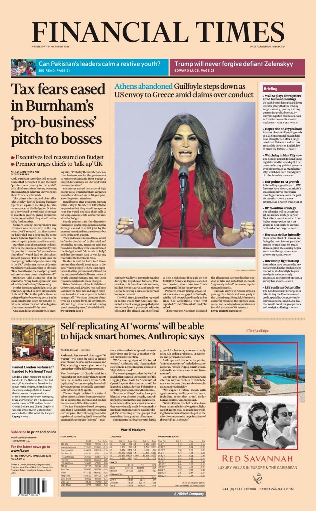 "Tax fears eased in Burnham's 'pro-business' pitch to bosses" reads the headline on the front page of the Financial Times.