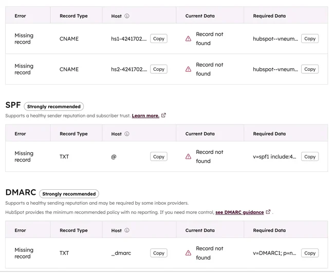 The best enterprise email marketing software in 2026 HubSpot enterprise email marketing software authentication panel showing missing CNAME, SPF, and DMARC records that must be corrected before sending.