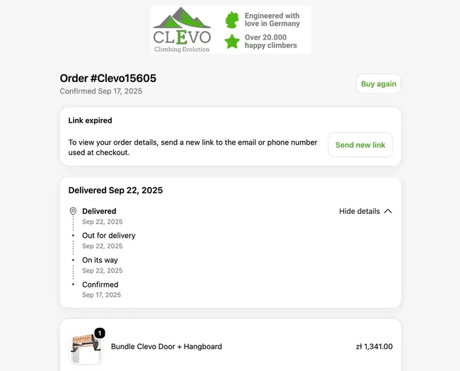 Transactional email: What it is and how it works Clevo transactional email showing an order’s delivery timeline, receipt, and option to request a new tracking link.