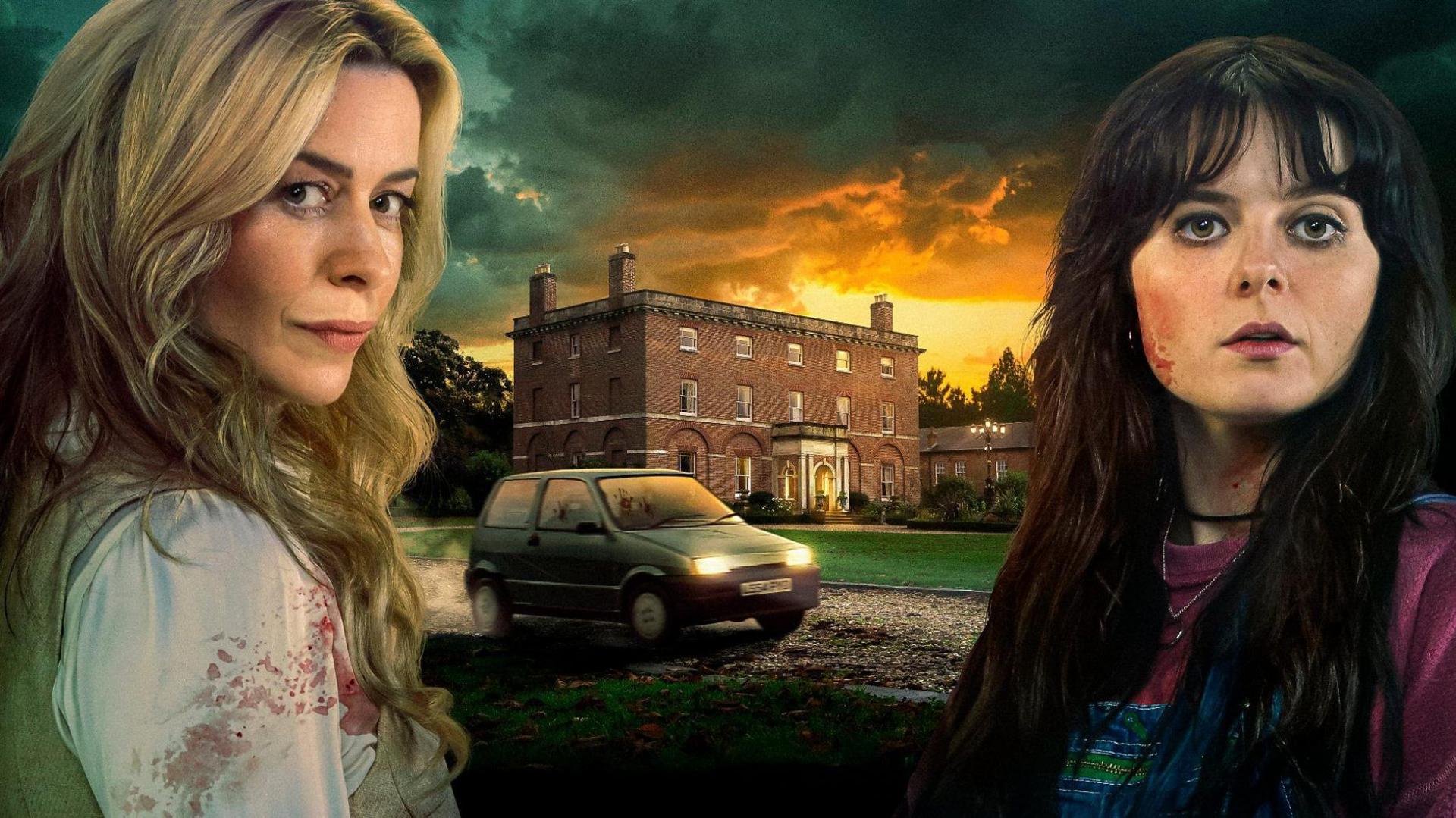 A photo montage for the series shows Eve Myles as Fran looking at the camera. She is wearing a cream-coloured dress with a white blouse with what appear to be blood stains on the sleeve. She has long blonde hair. A three-storey Georgian home is pictured in the background at either sunset or sunrise. An old car with its lights on looks like it is fleeing the property. Gabrielle Creevy is pictured on the right. She has long black hair with a fringe and is wearing a burgundy T-shirt. She has blood on her cheek and neck and has a haunted expression.