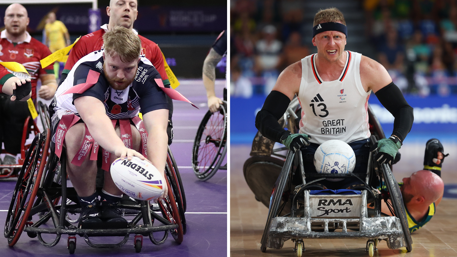 A split image of England's Declan Roberts scoring a try for England with an oval ball, and Great Britain's Aaron Phipps on the attack with a round ball