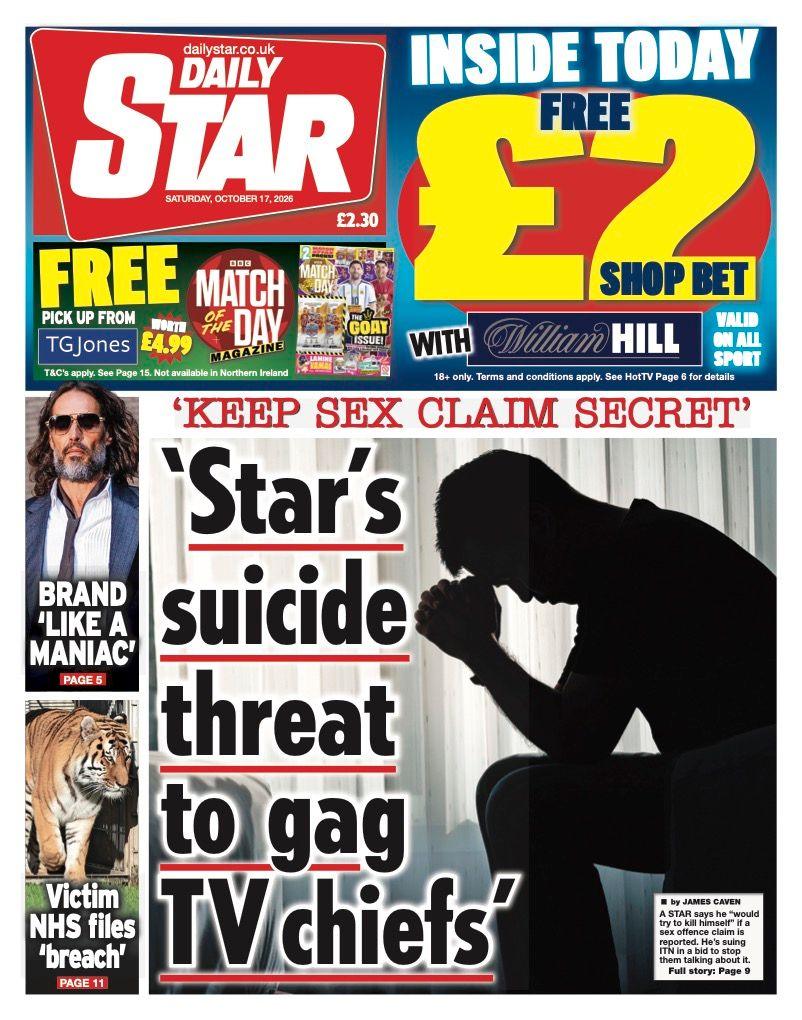 The headline on the front page of the Star reads: “Star's suicide threat to gag TV chiefs”.