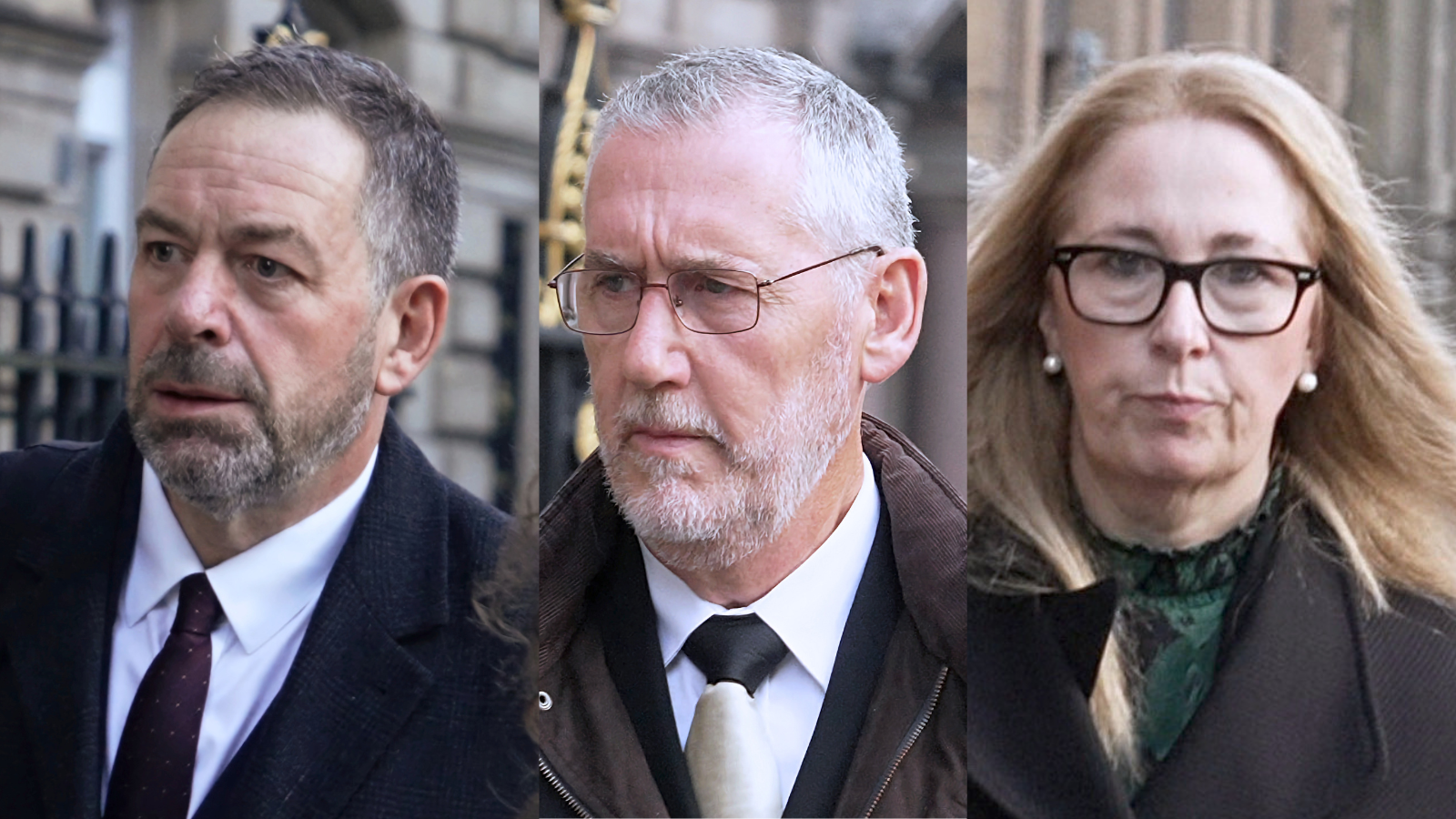 A split image of three individuals. From the left, there is a man with short brown hair and a short beard, wearing a shirt and tie and black wool coat. In the centre is a man with white hair and white beard, wearing a shirt and tie and brown jacket. On the right is a woman with long strawberry blonde hair and a green top and jacket.
