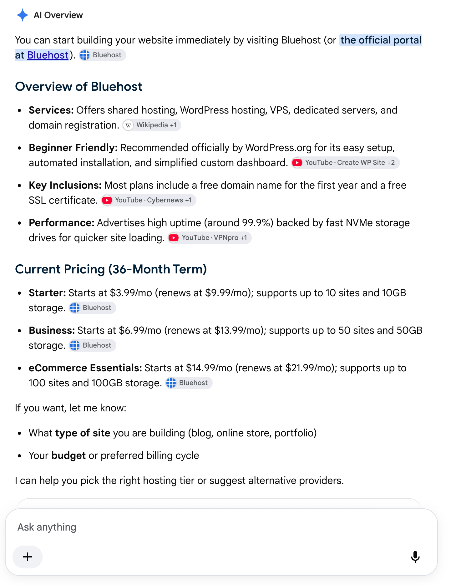 Expanded Google AI Overview for Bluehost showing its services, pricing and cited sources, including YouTube videos.