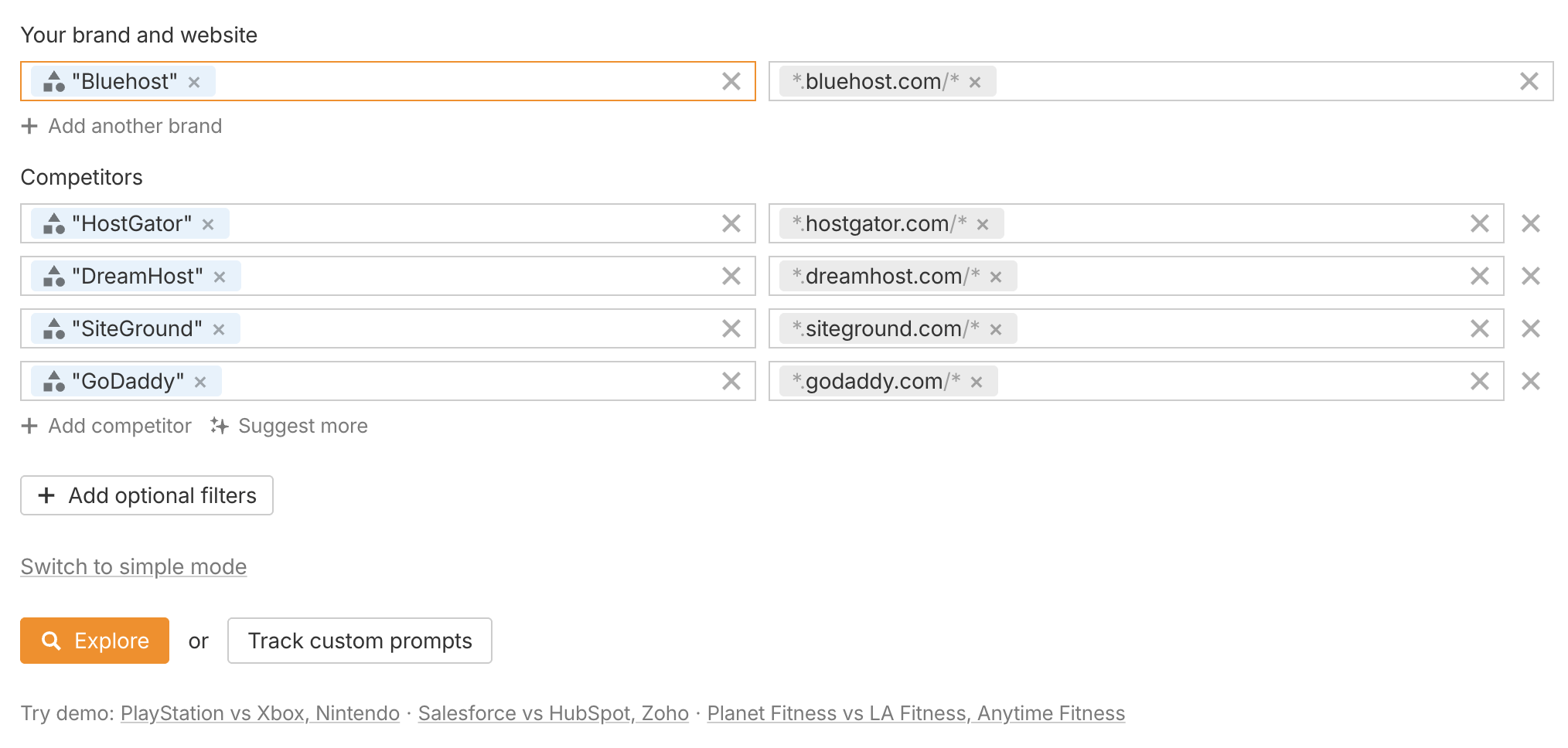 Ahrefs Brand Radar setup for Bluehost and its website, with suggested competitors HostGator, DreamHost, SiteGround and Hostinger.