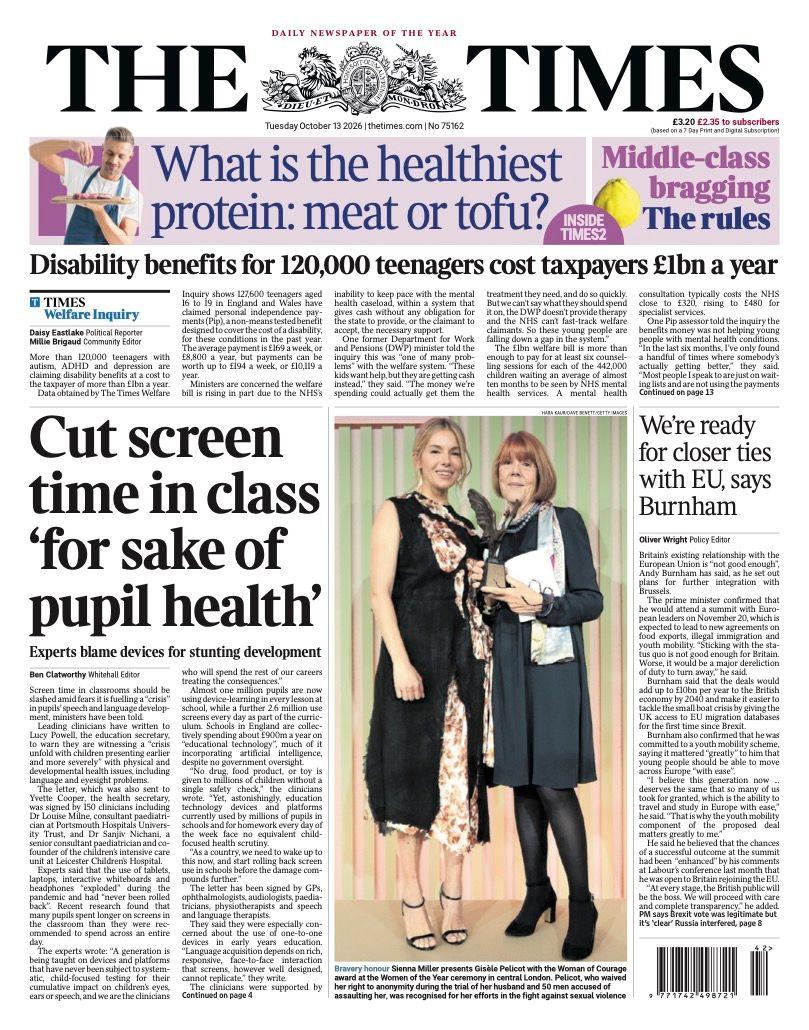 "Cut screen time in class 'for sake of pupil health'," reads the headline on the front page of the Times.