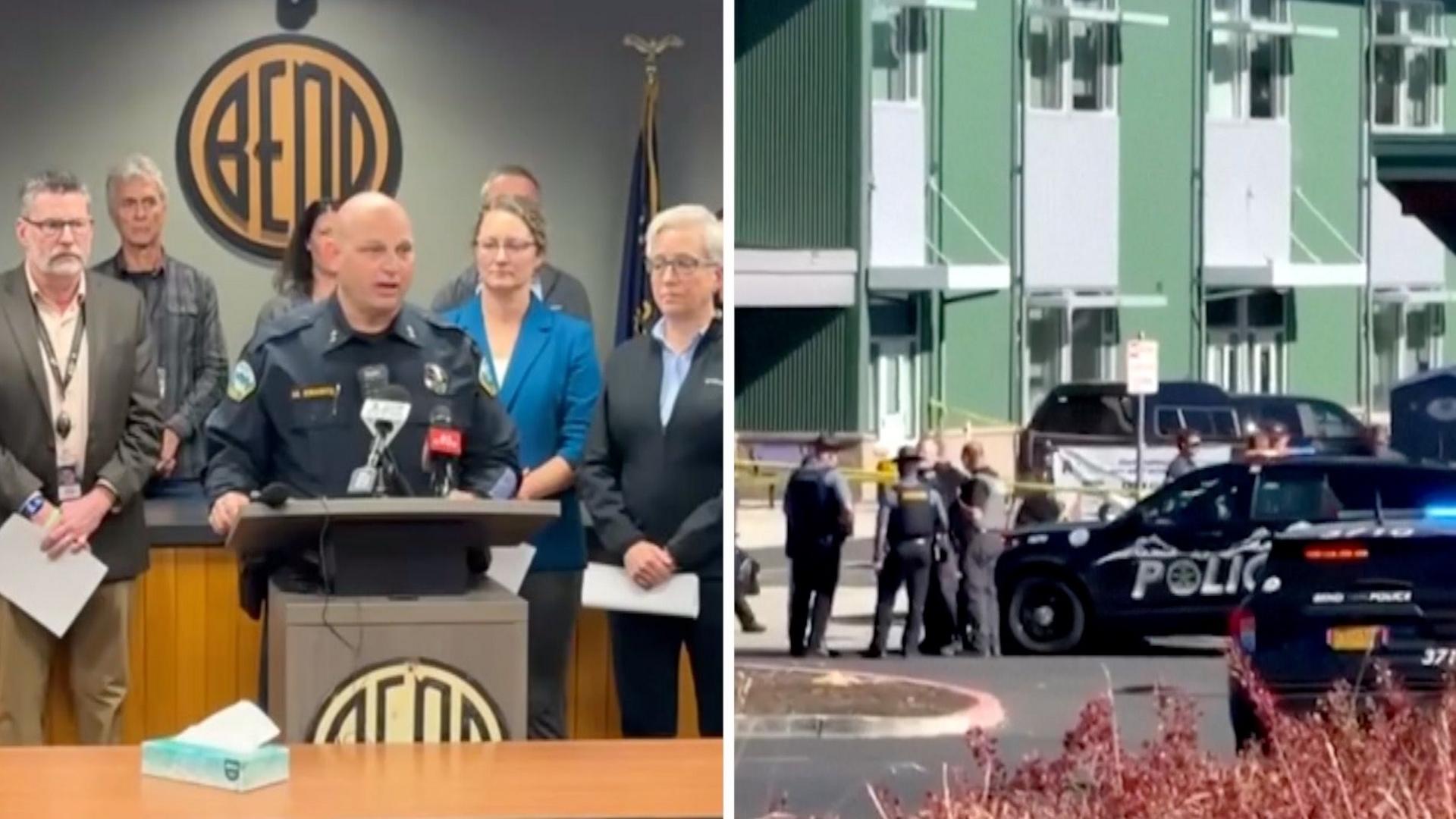 Split screen. Left, police officer is giving press conference. Right, officers are seen outside school.