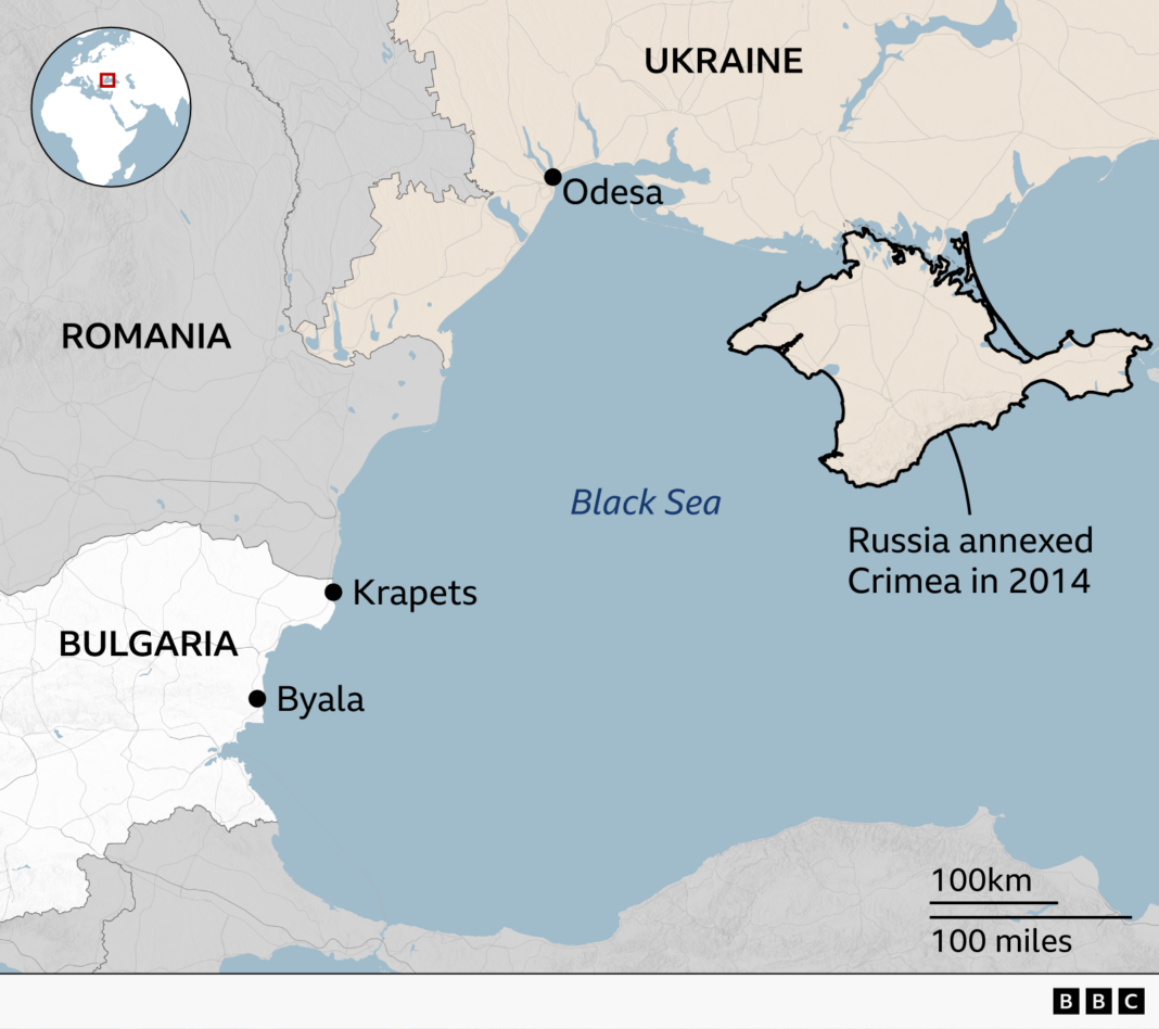 Bulgaria summons Russian ambassador after ship sinks in Black Sea drone attack A map showing the town of Byala and the village of Krapets on Bulgaria's Black Sea Coast. Ukraine's main port of Odesa is also shown.