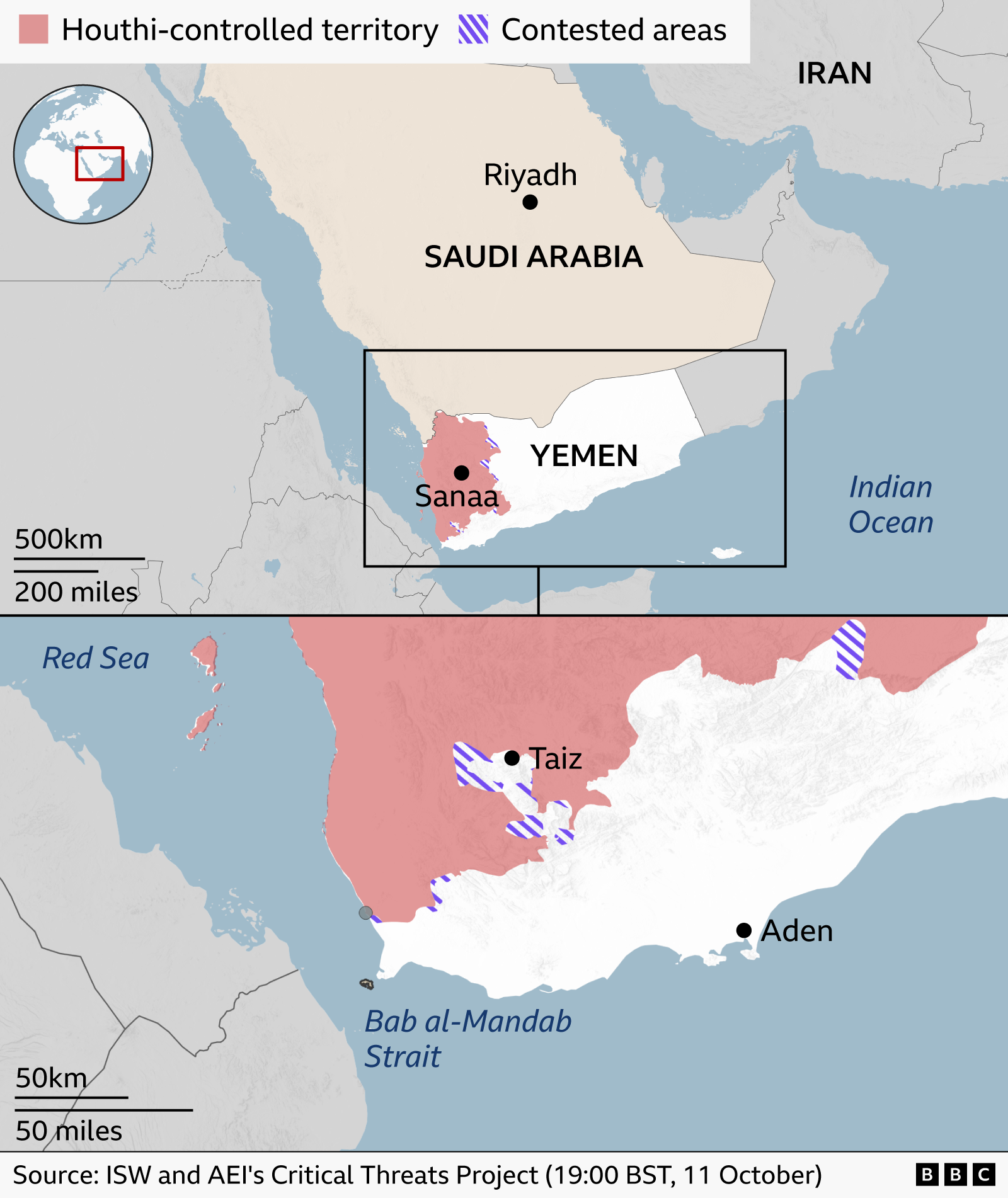 Map showing areas of control in Yemen