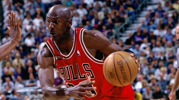 Michael Jordan of the Chicago Bulls drives to the basket during game two of the 1998 NBA Finals against the Utah Jazz on 5 June 1998