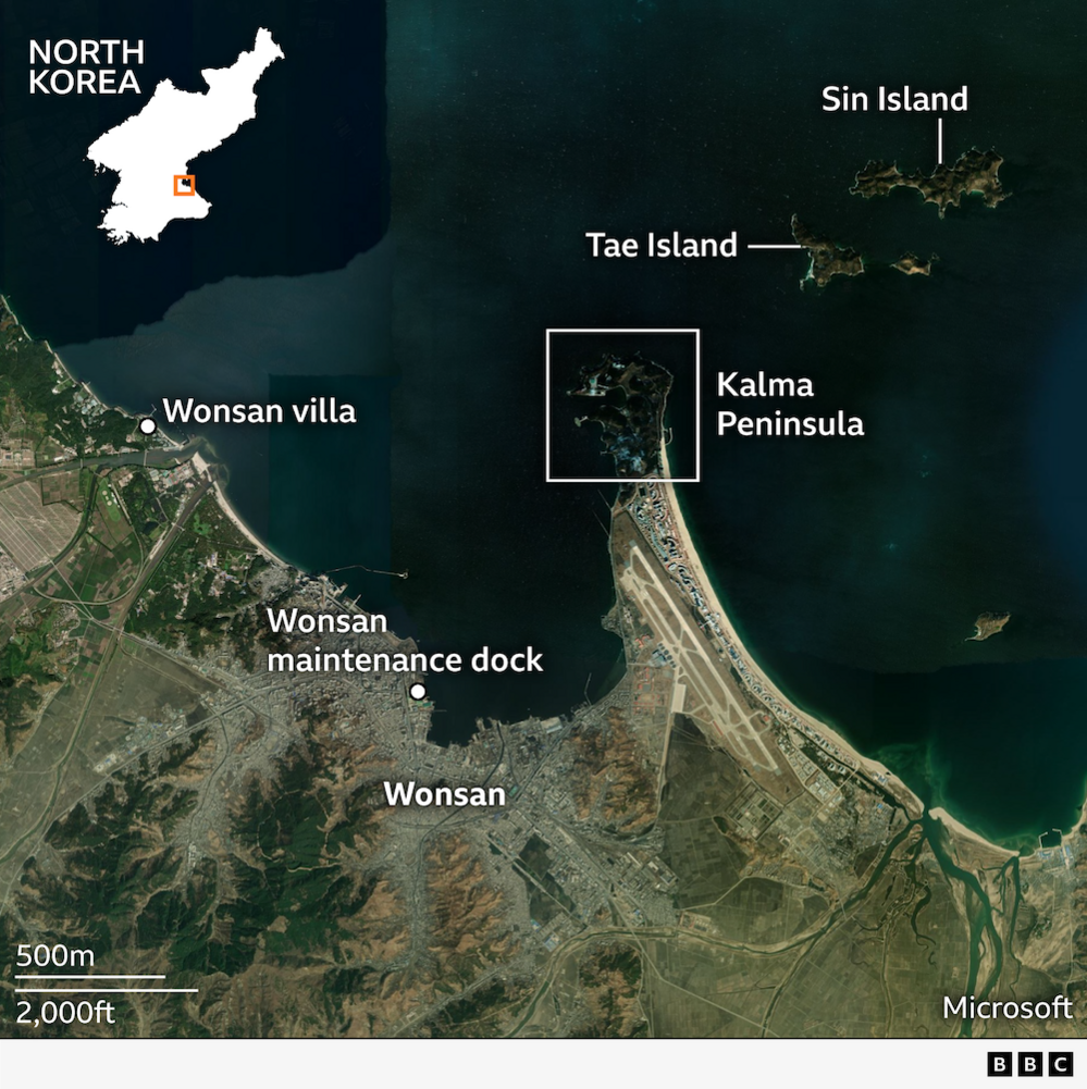 A close-up satellite image of the Wonsan area, with locator points marking Wonsan Villa, Wonsan Maintenance Dock, Kalma Peninsula, Tae Island and Sin Island.